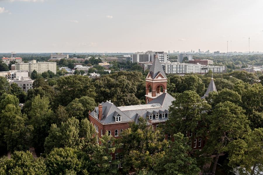 Drone view of Main bell tower and Decatur beyond